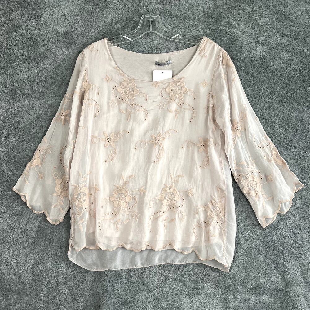 Elena Baldi Blouse Womens S Pale Pink‎ Silk Blend Floral Embroidered Delicate